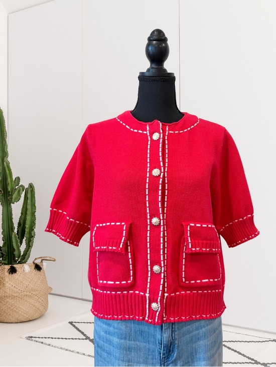 THML Sweaters - THML Short Sleeve Stitched Button Front Chunky Knit Cardigan